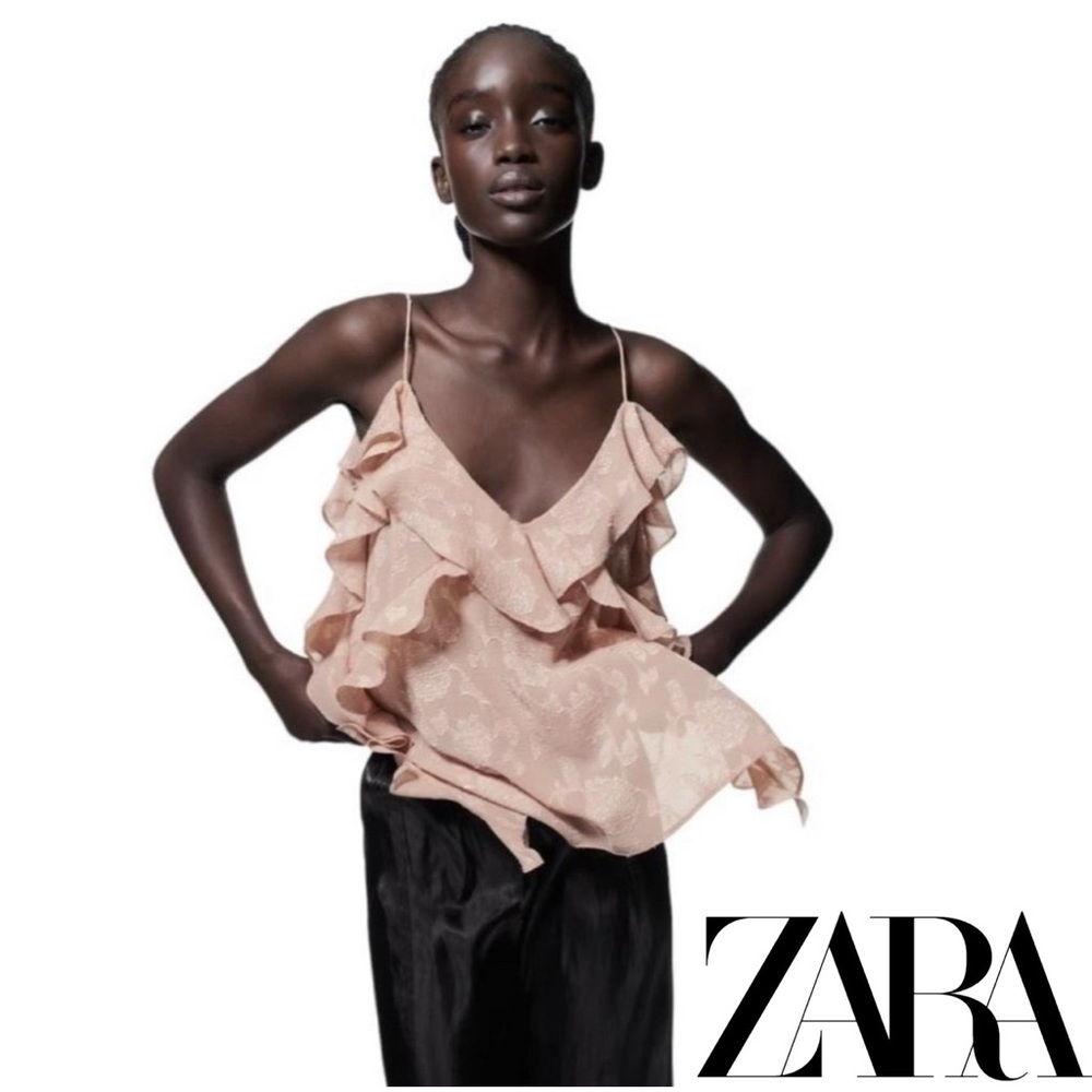 Zara Women's Size Small Beige Pink Ruffled Jacquard Spaghetti Strap Tank Top